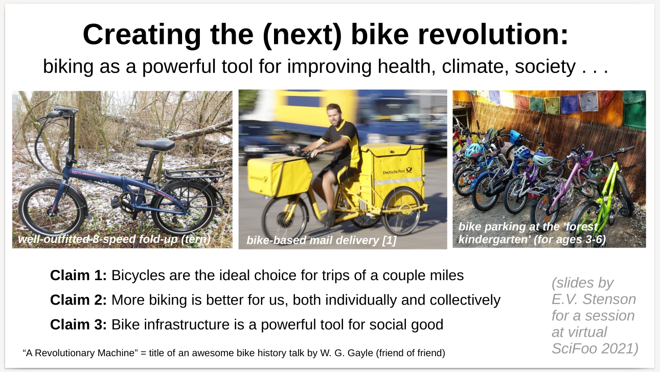 title slide with three claims, plus photos of a fold-up bike, bike-based mail delivery, and a bunch little bikes parked at a preschool